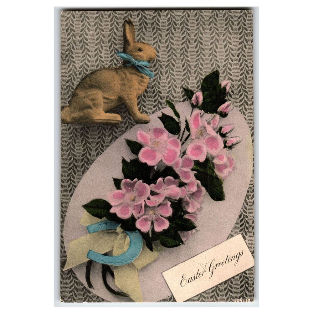Easter Bunny & Pink Flowers Embossed Austrian Postcard "Easter Greetings"